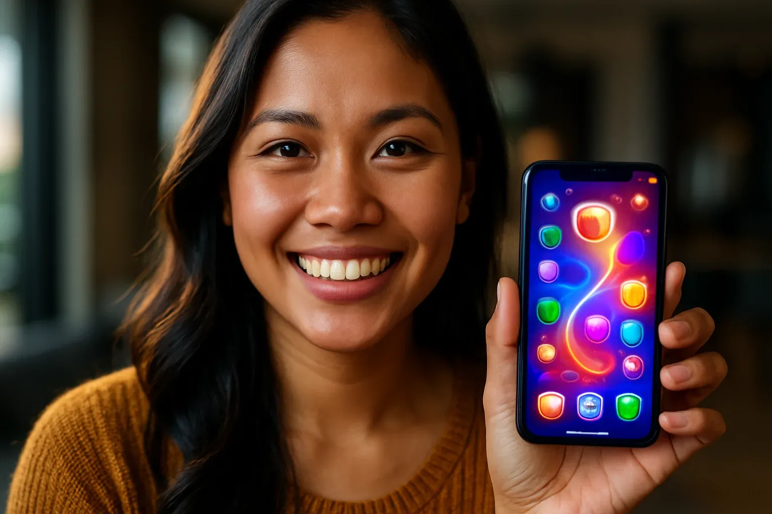 Cheerful Filipino woman holding glowing smartphone showing colorful gaming app UI