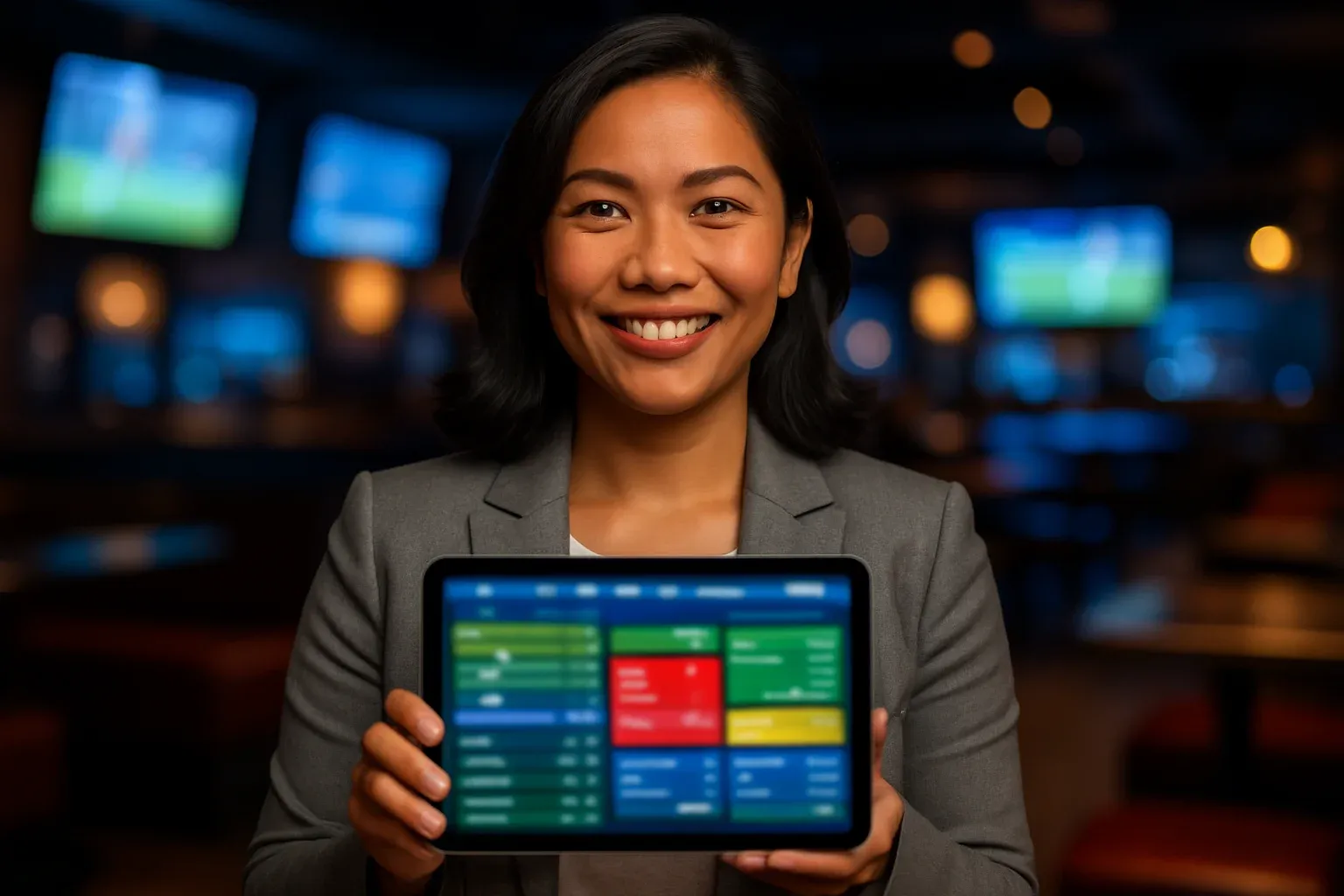 Confident Filipino woman holding tablet with blurred live sports betting dashboard