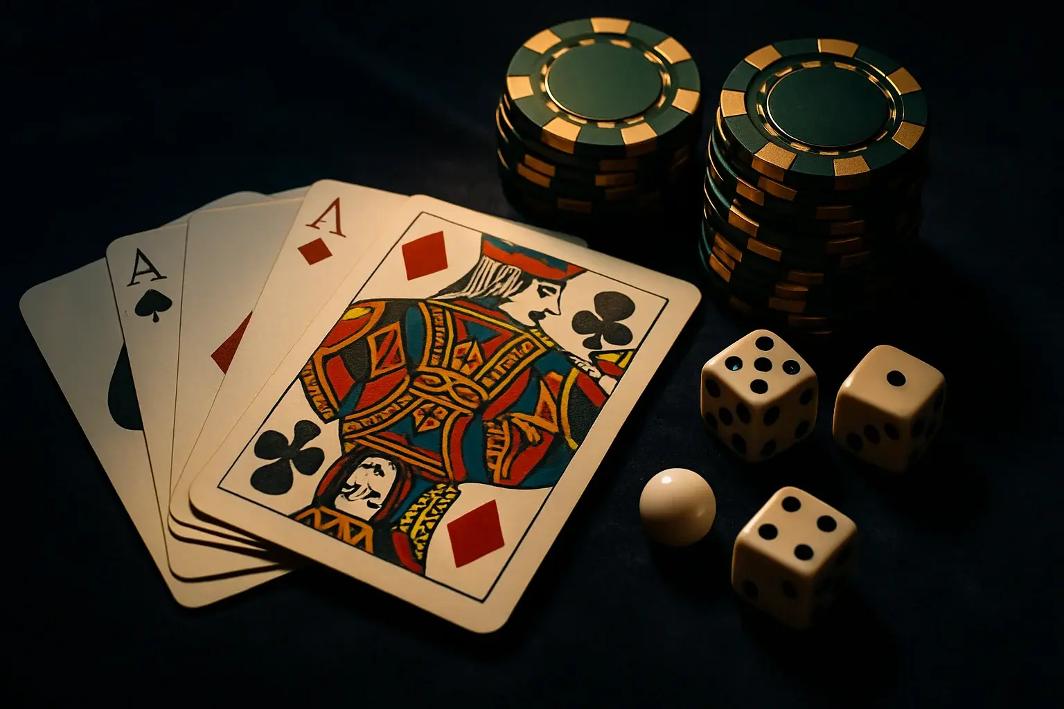 Top-down casino flat lay with playing cards, chips, dice, roulette ball
