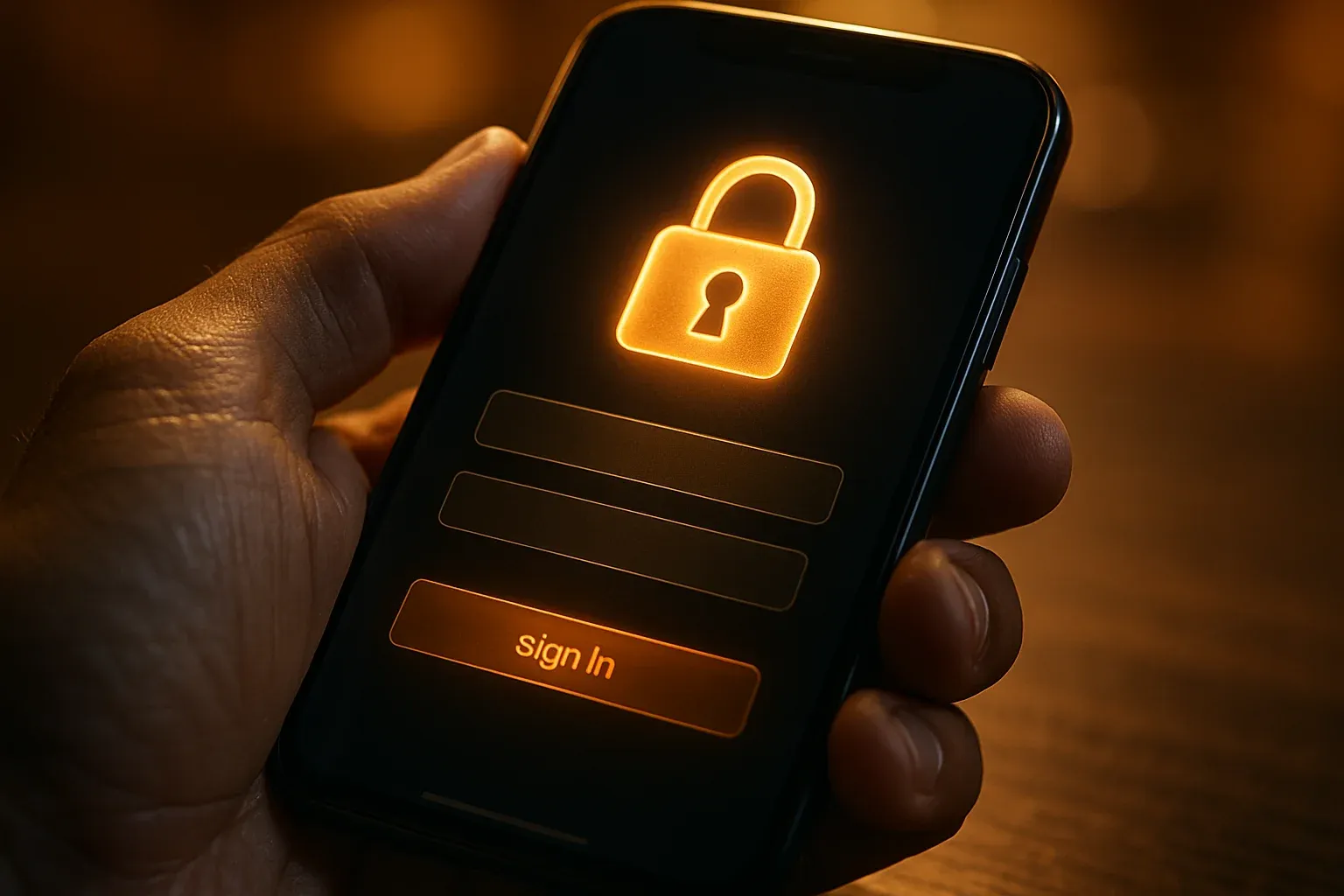 Macro photo of hand holding smartphone showing padlock login interface