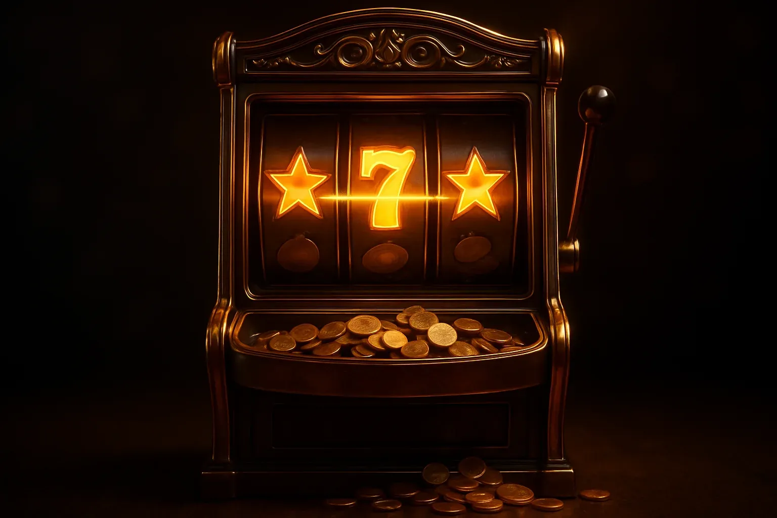 Ultra-realistic front view ornate slot machine with three reels and gold coins